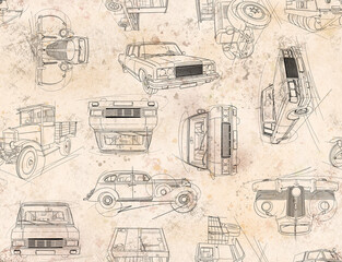 Seamless pattern, textiles for boys, hand drawn old retro car, retro garage, vintage car, Soviet automobile industry, Soviet car. High quality illustration
