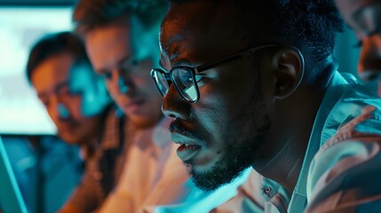 Fototapeta premium Concentrated young african american employee analyzing marketing research results or sales statistics data at briefing meeting with motivated older korean and young caucasian colleague : Generative AI