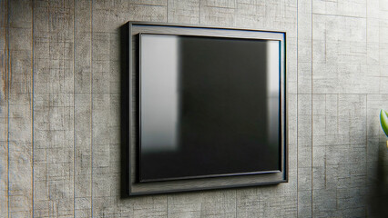 Blank black glass signplate mockup, mounted on a richly textured wall.