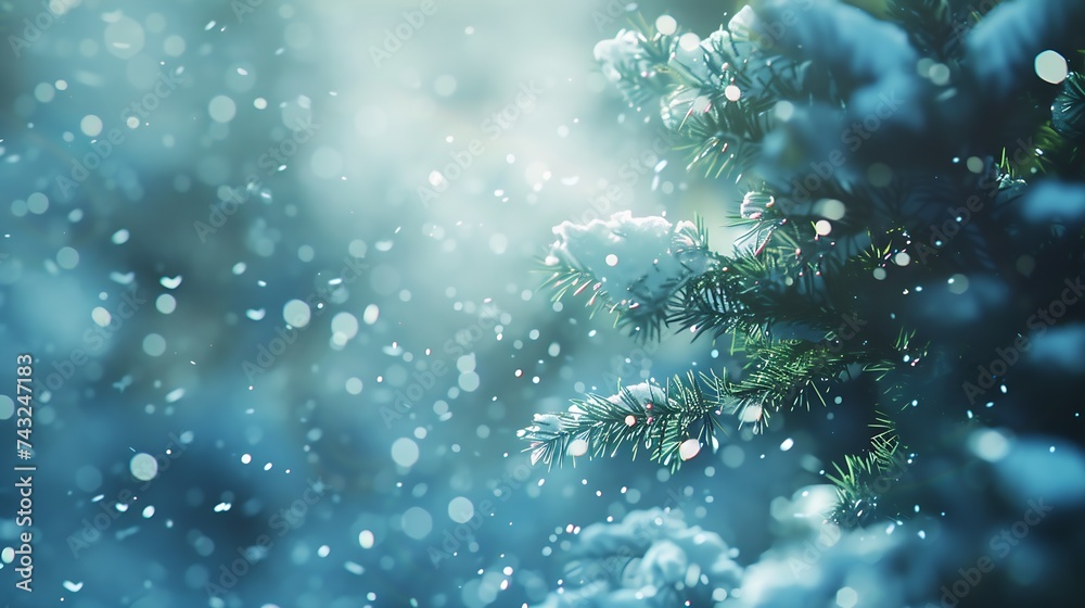 Poster blue winter christmas nature background banner format snowcovered fir branches against defocused blu