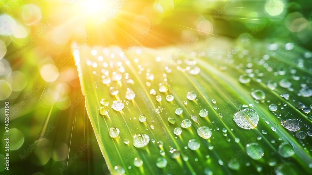 Poster An amazingly beautiful macro image of water or dew drops on a green leaf of a plant with sunlight reflected in a large drop in nature : Generative AI