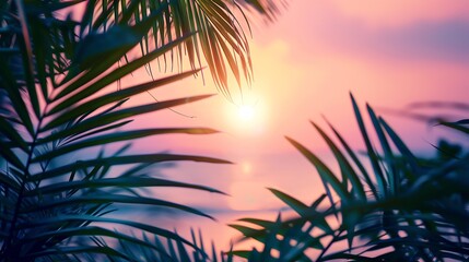 Fototapeta na wymiar View through green tropical palm leaves on sun setting on sunset which turns sea water and sky pink colors Beautiful summer natural tropical landscape Defocused blurred background : Generative AI