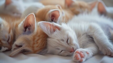A family of kittens lie and sleep curled up Cute white kitten with blue eyes looks carefully :...