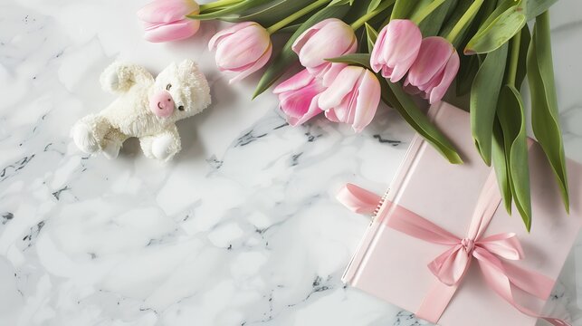 Bouquet pink tulips and gift diary with festive ribbon soft toy on white table top view with copy space for message Greeting card for Valentines Day Womans Day and birthday holidays : Generative AI