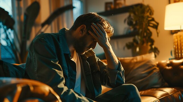 Side view of a sad man with a hand on the head sitting on a couch in the living room at home : Generative AI