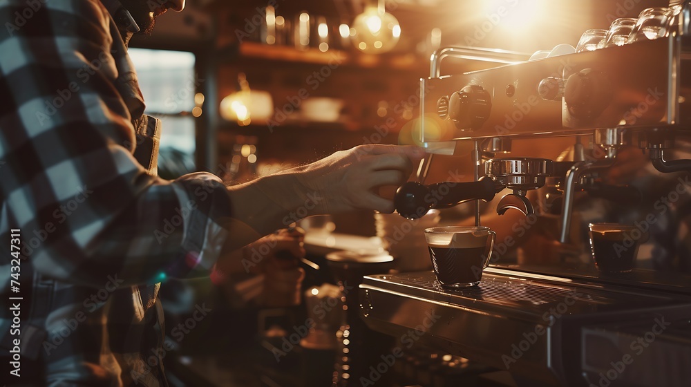 Poster Man barista using coffee machine for making coffee in the cafe Vintage color tone : Generative AI