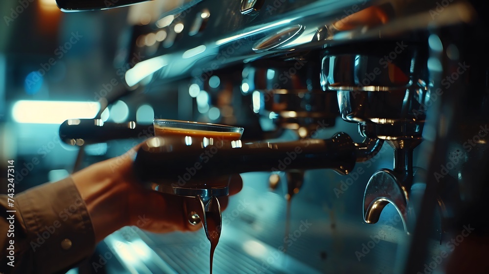 Poster selective focus portafilter on hand barista making coffee with espresso coffee machine in coffee sho