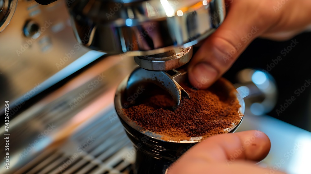 Poster Barista using a tamper to ground coffee into a portafilter Close up view on hands : Generative AI