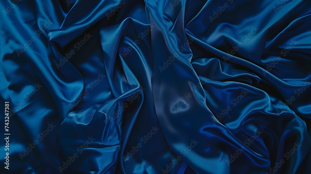 Poster beautiful dark blue silk satin background soft folds on shiny fabric luxury background with copy spa