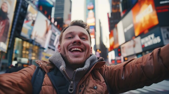Happy tourist caucasian man having fun taking a selfie at New York city : Generative AI