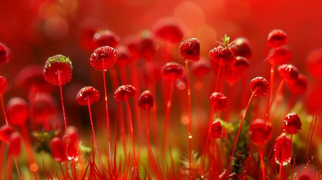 Macro of mossy forest floor pohlia or bryum moss Pohlia nutans spore capsules on red stalks in the nature : Generative AI
