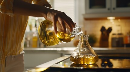 Woman pouring used cooking oil into bottle through funnel in kitchen closeup : Generative AI - obrazy, fototapety, plakaty