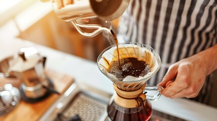 Professional barista making filtered drip coffee in coffee shop Close up of hands barista grinding coffee beans with hand grinder pour over coffee with hot water and filter paper in ca : Generative AI