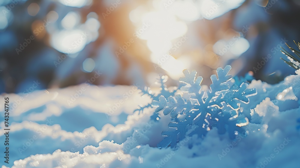 Poster light soft snowy christmas background backdrop decorative blue snowflakes closeup macro in snow on n