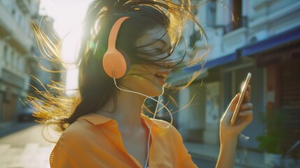 Excited girl dancing and listening music with headphones and smart phone in the street with hair...