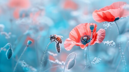 Red poppy flower in a blooming blue field and a bee in nature closeup macro Soft selective focus : Generative AI - obrazy, fototapety, plakaty