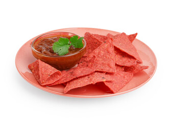 Plate with tasty red nachos and salsa sauce on white background