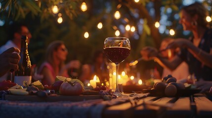 Happy family having barbeque dinner party in home garden Friends eating appetizers and drinking red wine in outdoor restaurant table Winery dining lifestyle and beverage concept : Generative AI