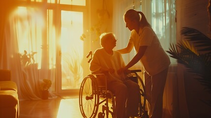 Young caregiver assisting senior woman in wheelchair indoors Home health care service : Generative AI - obrazy, fototapety, plakaty