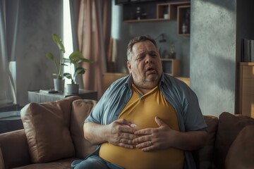 A chubby man sitting on a couch and holding his stomach, possibly in discomfort. - obrazy, fototapety, plakaty