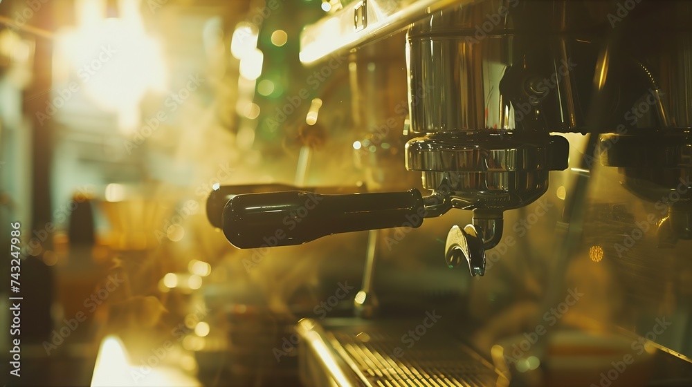 Poster professional coffee machine making espresso in a cafe barista cafe making coffee preparation service