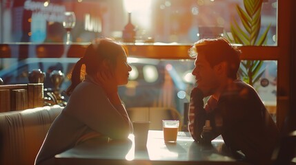 Young Couple Talking at Coffee Shop on a date Loving couple having fun at a restaurant : Generative...