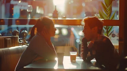 Fototapeten Young Couple Talking at Coffee Shop on a date Loving couple having fun at a restaurant : Generative AI © Generative AI