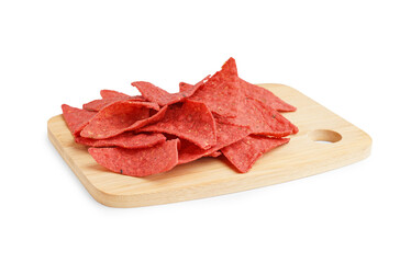 Wooden board with red nachos on white background