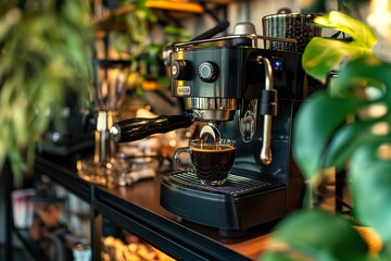 A black professional espresso machine on a kitchen counter with a potted plant in the background. - obrazy, fototapety, plakaty