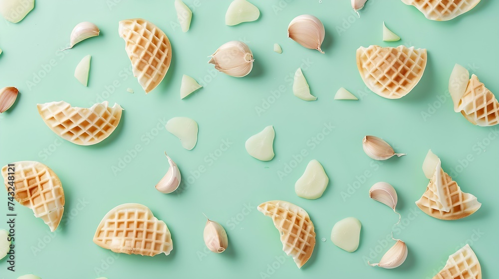 Poster Composition with waffle horn heads halves and slices of garlic Creative art layout on light green background closeup macro top view flat lay : Generative AI