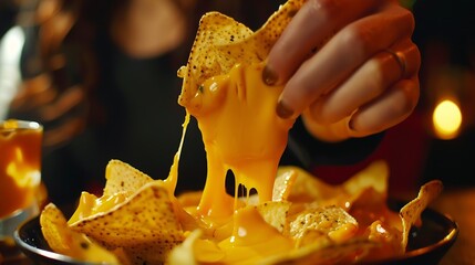 Woman dipping crispy nacho into delicious cheese sauce at black table closeup Space for text : Generative AI - obrazy, fototapety, plakaty