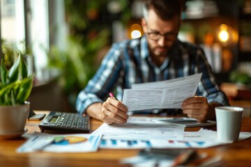 Obraz premium A man concentrating on completing financial paperwork while sitting at a table with a calculator.