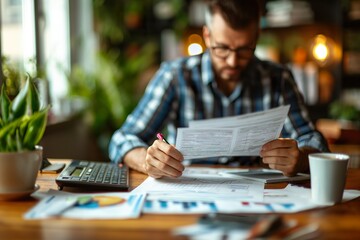 A man concentrating on completing financial paperwork while sitting at a table with a calculator.