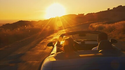 Happy couple driving on the road into the sunset in a sports car : Generative AI