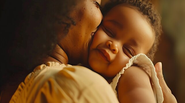 Close up of happy young african American mother hug cuddle little infant or toddler loving smiling biracial mom embrace small baby child enjoy tender family moment motherhood childcare : Generative AI