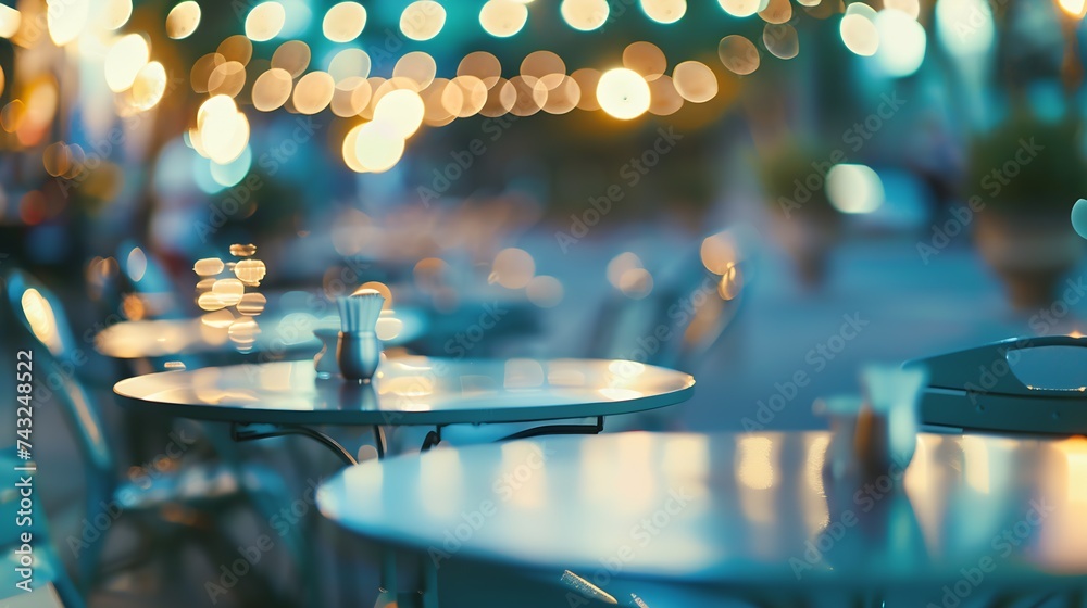 Poster blurred background of outdoor restaurant with abstract bokeh light outdoor cafe with tables and chai