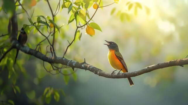 Beautiful bird Short billed minivet singing on tree branch : Generative AI