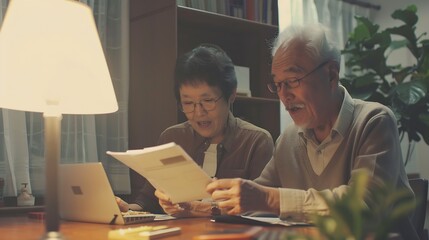 Excited elder family pensioner couple read and check financial document calculate profit saving...
