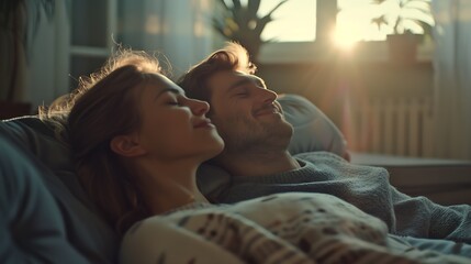 Side view of a happy couple breathing and resting lying in a couch at home with a window in the background : Generative AI