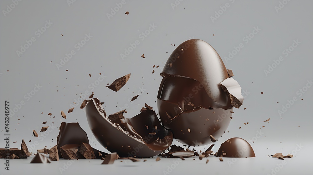 Poster exploded milk chocolate egg on grey background : generative ai