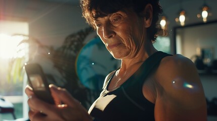 Beautiful brunette older woman training gym at home holding smartphone Senior female workout with fitness app on the phone Concept about people sport quarantine : Generative AI