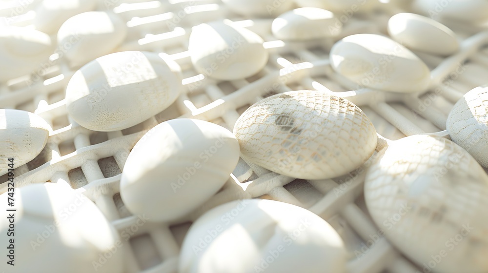 Fototapete Beautiful original background image texture of white stones of a round oval shape covered with a white metal mesh with square cells in sunlight : Generative AI