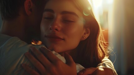 Attractive girl hugging her boyfriend and looking at the camera Concept about love people and lifestyle : Generative AI