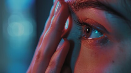 Young woman putting contact lens in her eye on blurred background closeup : Generative AI