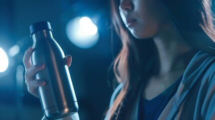 Woman holding thermos bottle at workplace closeup : Generative AI