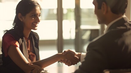 Recruiter shaking successful smiling Indian businesswoman candidate hand at meeting congratulating with getting new job manager making great deal with customer diverse business partner : Generative AI