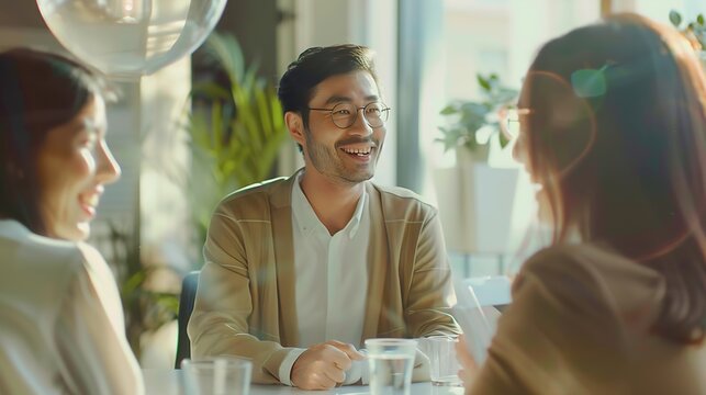 Businesspeople smiling coworking commenting and showing growth graphic and taking a business conversation in an office interior : Generative AI