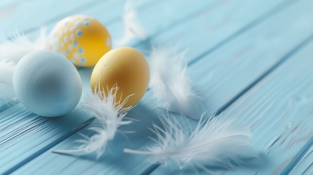 Colorful blue white yellow easter eggs and white feathers on light blue wooden table : Generative AI