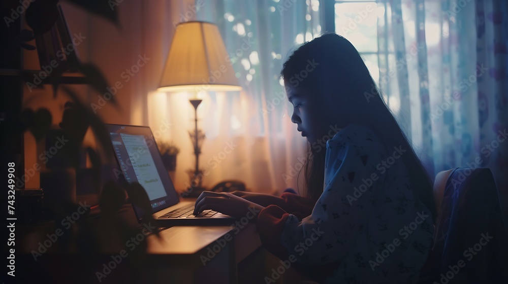 Poster Beautiful student learning doing homework on line with a laptop in a desk at home with a window in the background : Generative AI