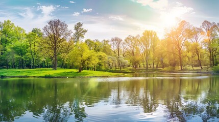 Panoramic natural spring landscape A small lake in green park with trees against blue sky with bright sun : Generative AI
